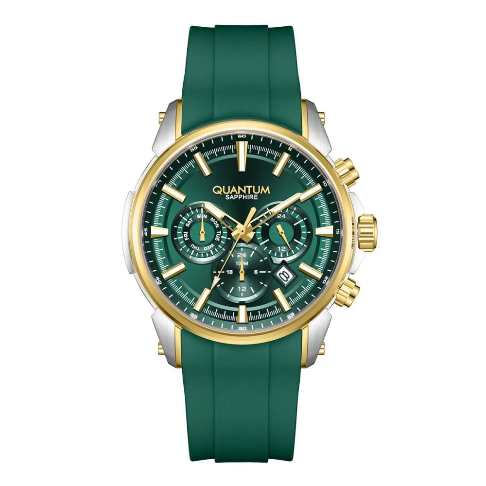 Quantum Powertech Analog Chronograph Watch with Date Display, Stainless Steel Case, Green Silicone Strap, 41.5 mm