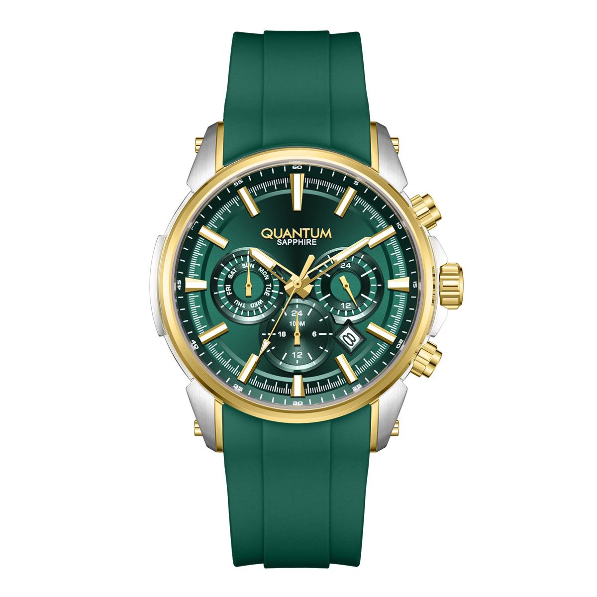 Quantum Powertech Analog Chronograph Watch with Date Display, Stainless Steel Case, Green Silicone Strap, 41.5 mm