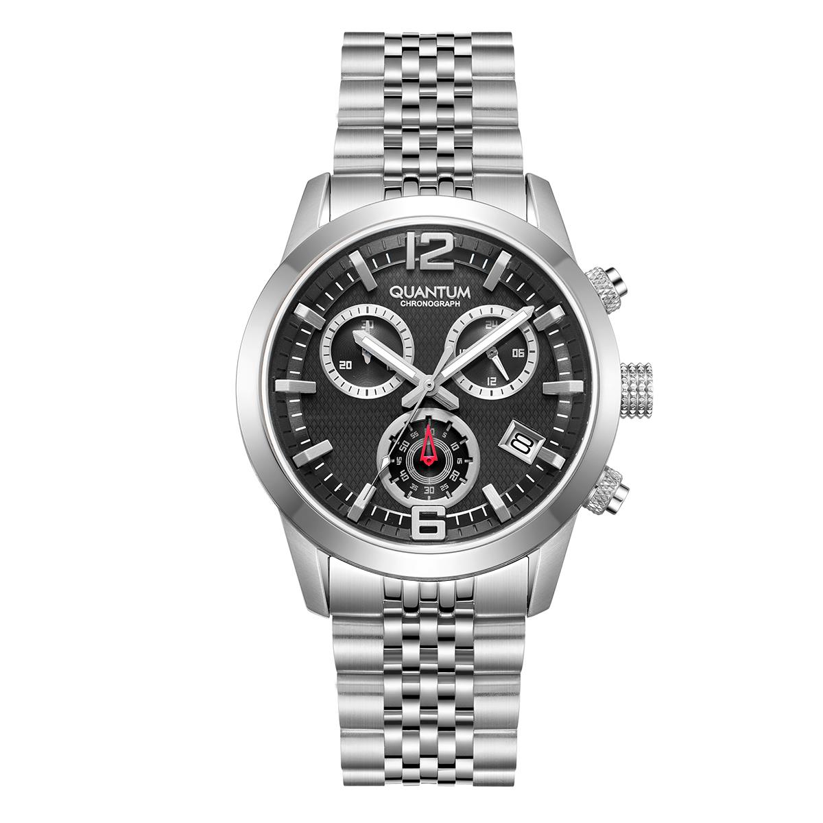 Quantum Andrenaline Analog Chronograph Watch with Date Display, Stainless Steel Case and Stainless Steel Bracelet, 43 mm
