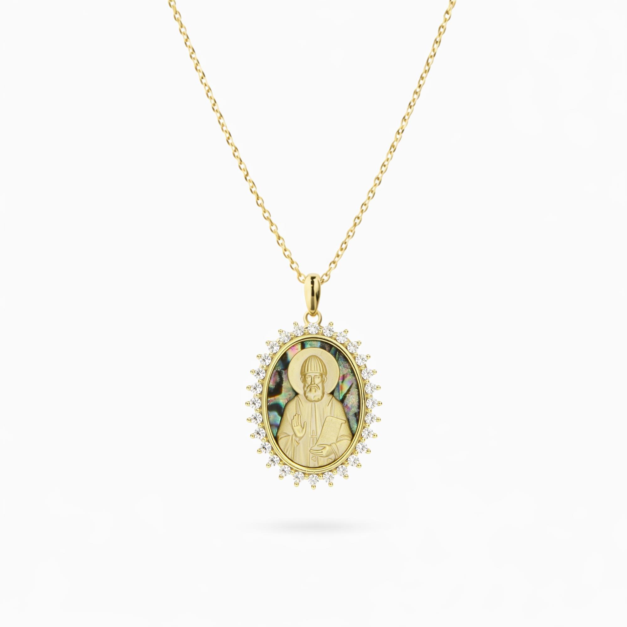 Pendant "Saint Paisios" and Chain in Sterling Silver 925 with 14K Gold Plating