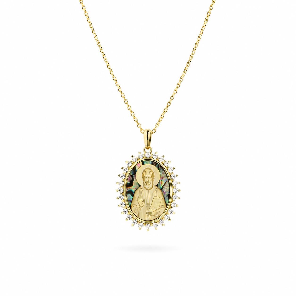 Pendant "Saint Paisios" in Sterling Silver 925 with 14K Gold Plating, Zircons, Mother of Pearl and Chain in Gold-Plated Sterling Pendant "Saint Paisios" in Sterling Silver 925 with 14K Gold Plating, Zircons, Mother of Pearl and Chain in Gold-Plated Sterling