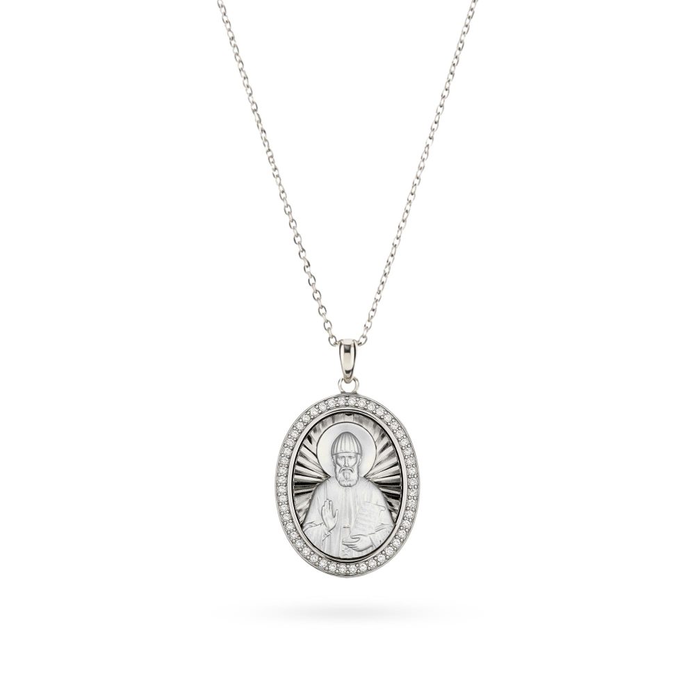 Pendant "Saint Paisios" in Rhodium-Plated Sterling Silver 925 with Zircons and Chain in Sterling Silver 925