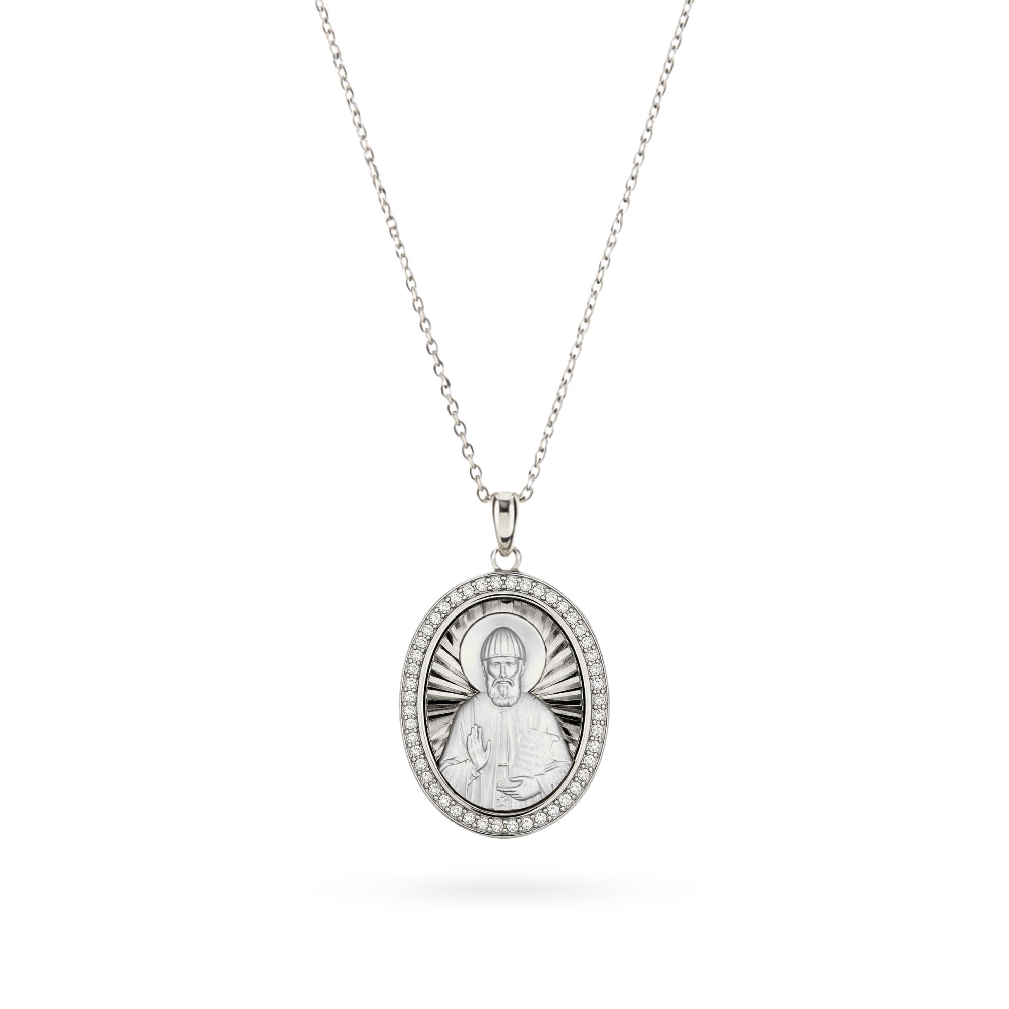 Pendant "Saint Paisios" in Rhodium-Plated Sterling Silver 925 with Zircons and Chain in Sterling Silver 925