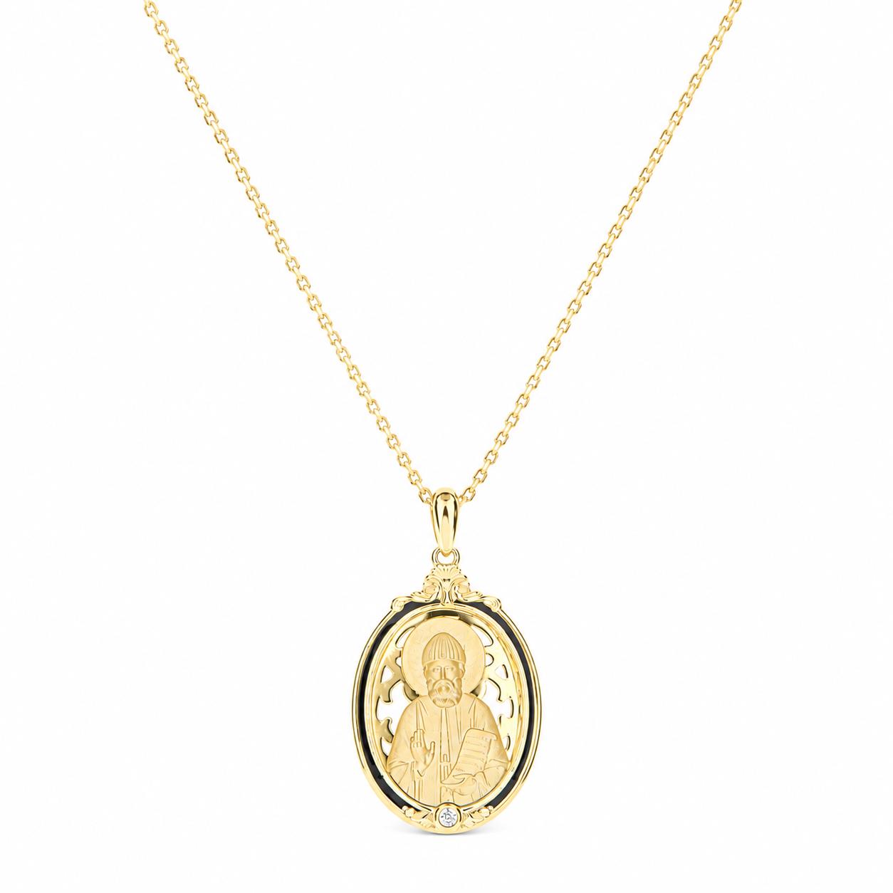 Pendant "Saint Paisios" in Sterling Silver 925 with 14K Gold Plating, Black Enamel and Chain in Gold-Plated Sterling Silver 925 Pendant "Saint Paisios" in Sterling Silver 925 with 14K Gold Plating, Black Enamel and Chain in Gold-Plated Sterling Silver 925
