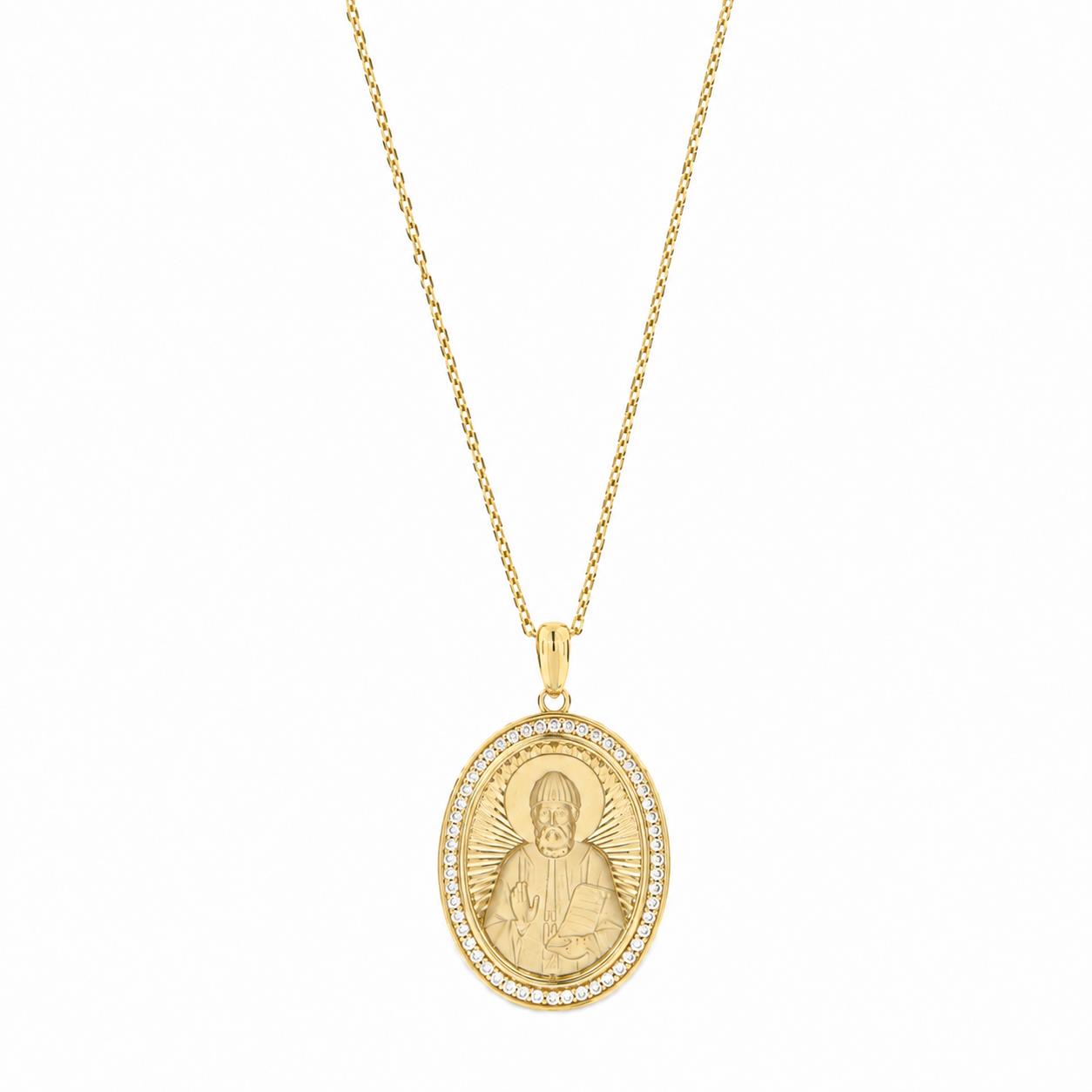Pendant "Saint Paisios" in Sterling Silver 925 with 14K Gold Plating, Zircons and Chain in Gold-Plated Sterling Silver 925