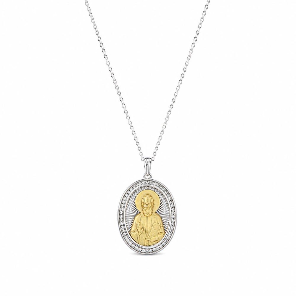 Pendant "Saint Paisios" Two-Tone in Sterling Silver 925 with 14K Gold Plating and Chain in Rhodium-Plated Sterling Silver 925