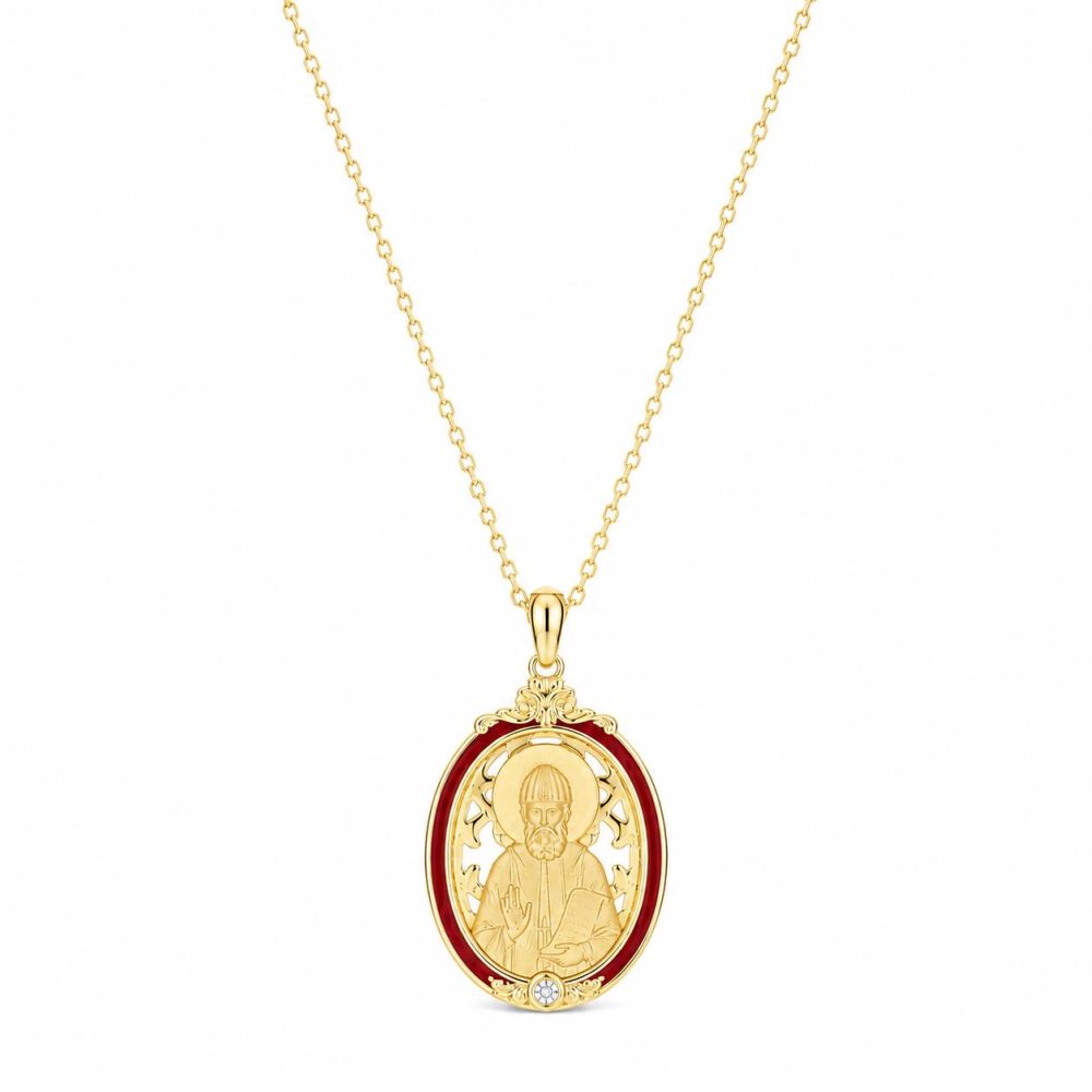 Pendant "Saint Paisios" in Sterling Silver 925 with 14K Gold Plating, Burgundy Enamel and Chain in Sterling Silver 925