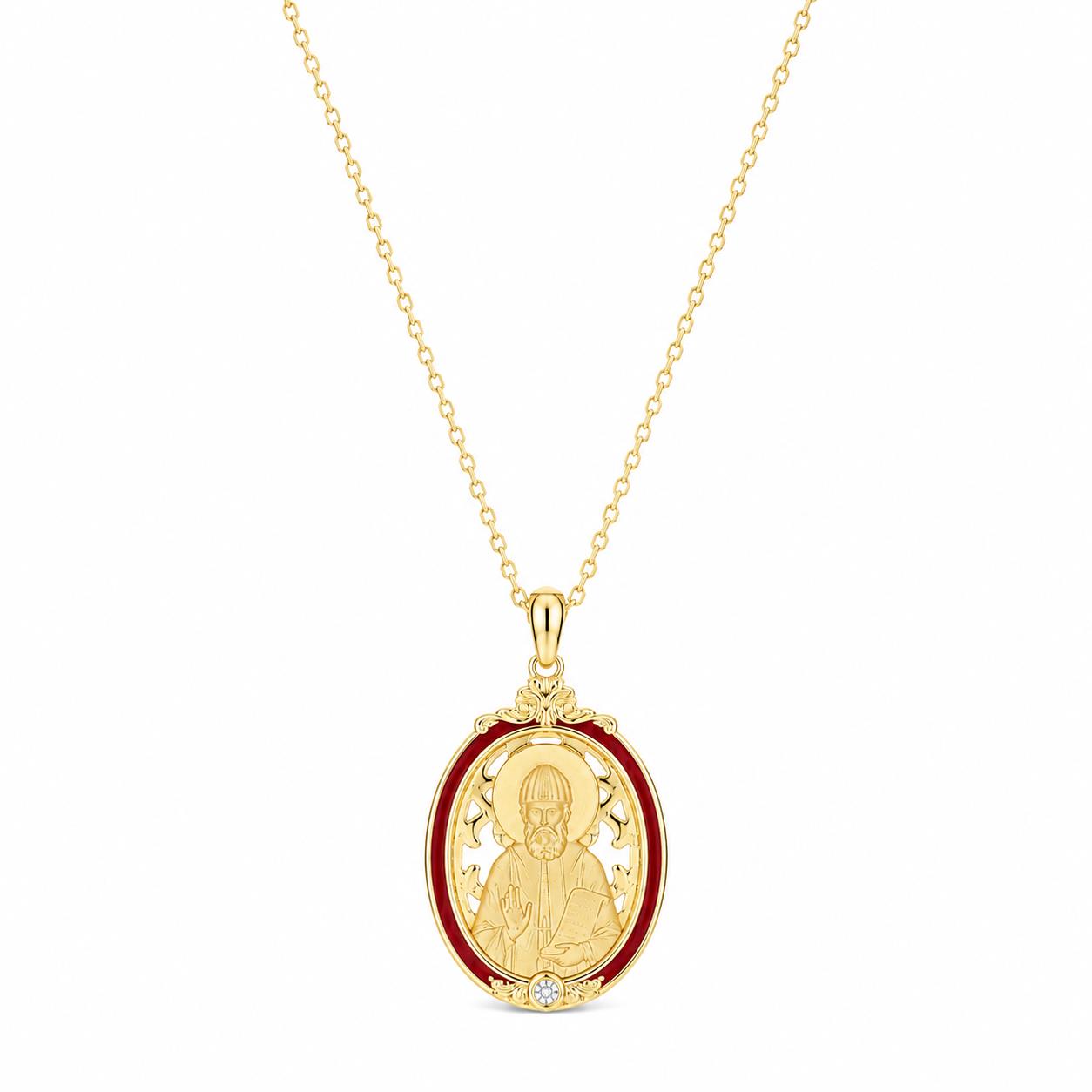 Pendant "Saint Paisios" in Sterling Silver 925 with 14K Gold Plating, Burgundy Enamel and Chain in Sterling Silver 925 Pendant "Saint Paisios" in Sterling Silver 925 with 14K Gold Plating, Burgundy Enamel and Chain in Sterling Silver 925