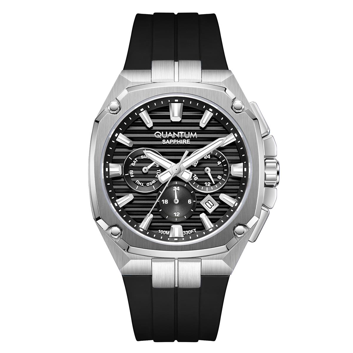 Quantum Adrenaline Analog,Chronograph Watch with Date Display in Stainless Steel with Black Silicone Strap 41 mm