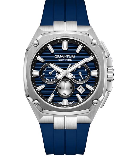 Quantum Adrenaline Analog Chronograph Watch with Date Display, Stainless Steel Case and Blue Silicone Strap, 41 mm