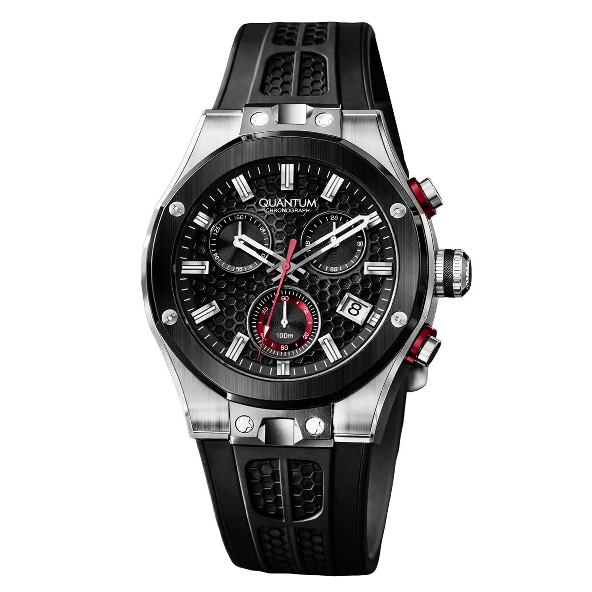 Quantum Hunter Analog Chronograph Watch with Date Display in Stainless Steel with Black Silicone Strap 44 mm