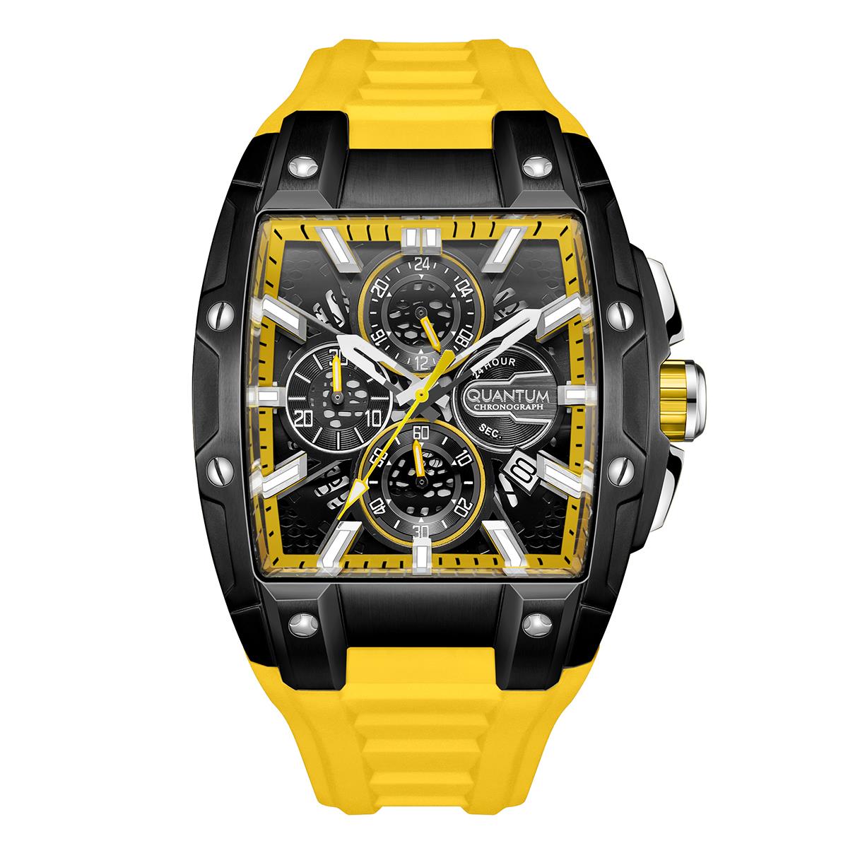 Quantum Hunter Analog Chronograph Watch with Date Display in Stainless Steel with Yellow Silicone Strap 43.5 mm