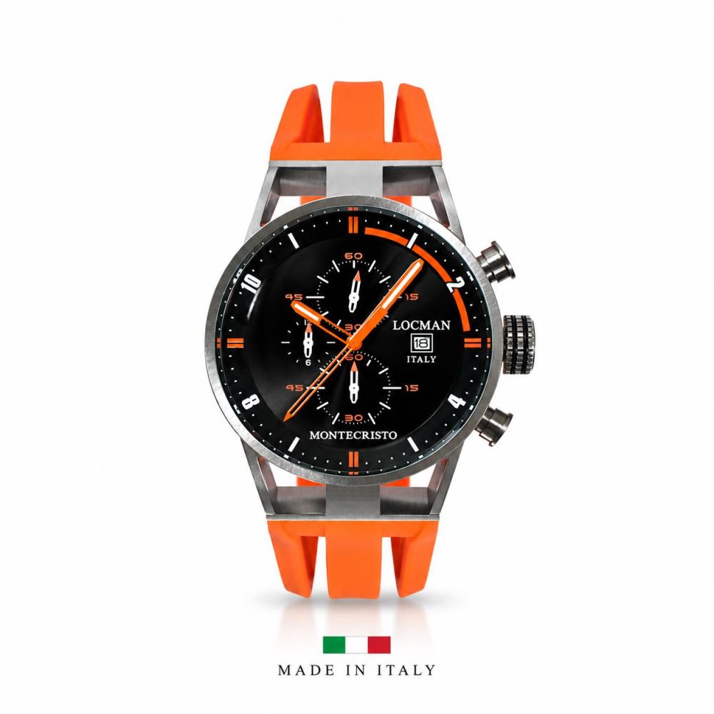 Механизм Montecristo Classic Chrono Quartz, нержавеющая сталь и титан, циферблат: Sunray Black, ремешок: оранжевый силикон.