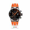 Механизм Montecristo Classic Chrono Quartz, нержавеющая сталь и титан, циферблат: Sunray Black, ремешок: оранжевый силикон.