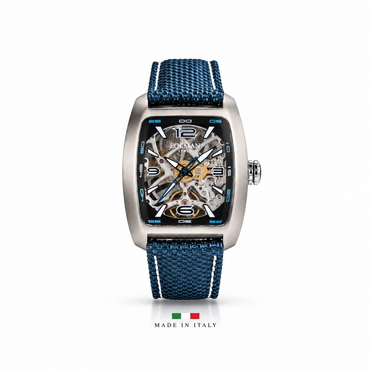 Sport Skeleton 37x46,8mm
Механизм:Швейцарский автоматический, три стрелки
Циферблат:Прозрачный с дефлектором
Ремешок:Синяя Co