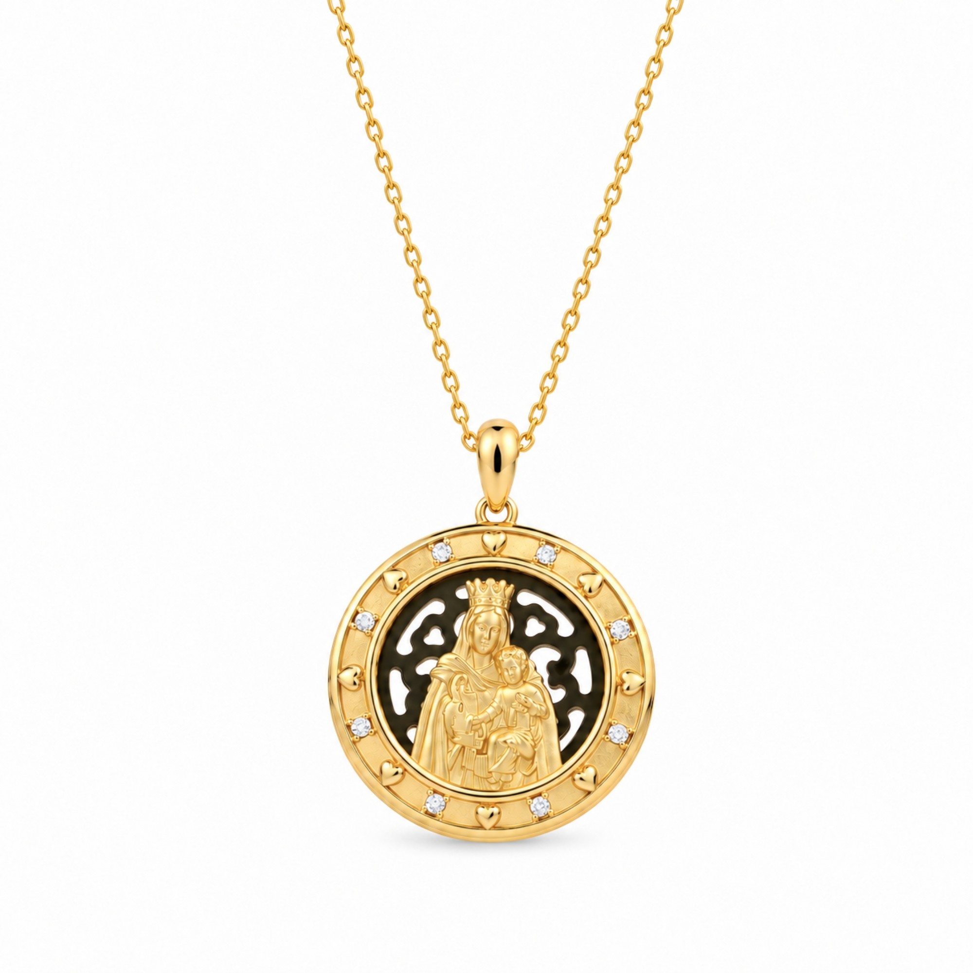 Medal Pendant "Virgin Mary" in Sterling Silver 925 with 14K Gold Plating, Zircons and Chain in Gold-Plated Sterling Silver 925