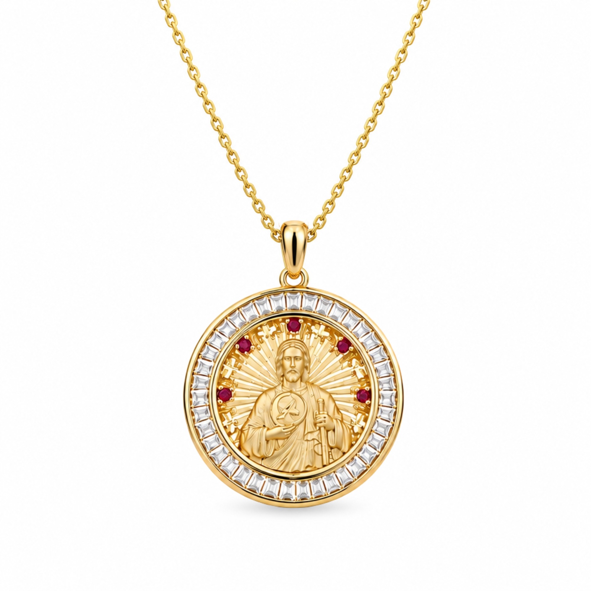 Medal Pendant "Saint John the Baptist" in Sterling Silver 925 with 14K Gold Plating, Zircons and Chain in Sterling Silver Medal Pendant "Saint John the Baptist" in Sterling Silver 925 with 14K Gold Plating, Zircons and Chain in Sterling Silver