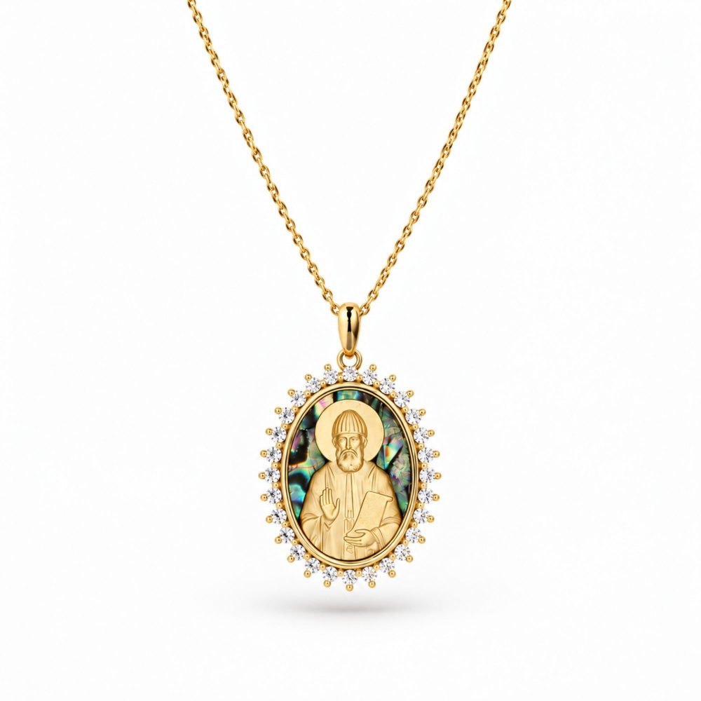 Medal Pendant "Saint Paisios" in Sterling Silver 925 with 14K Gold Plating, Zircons, Mother of Pearl and Chain in Silver