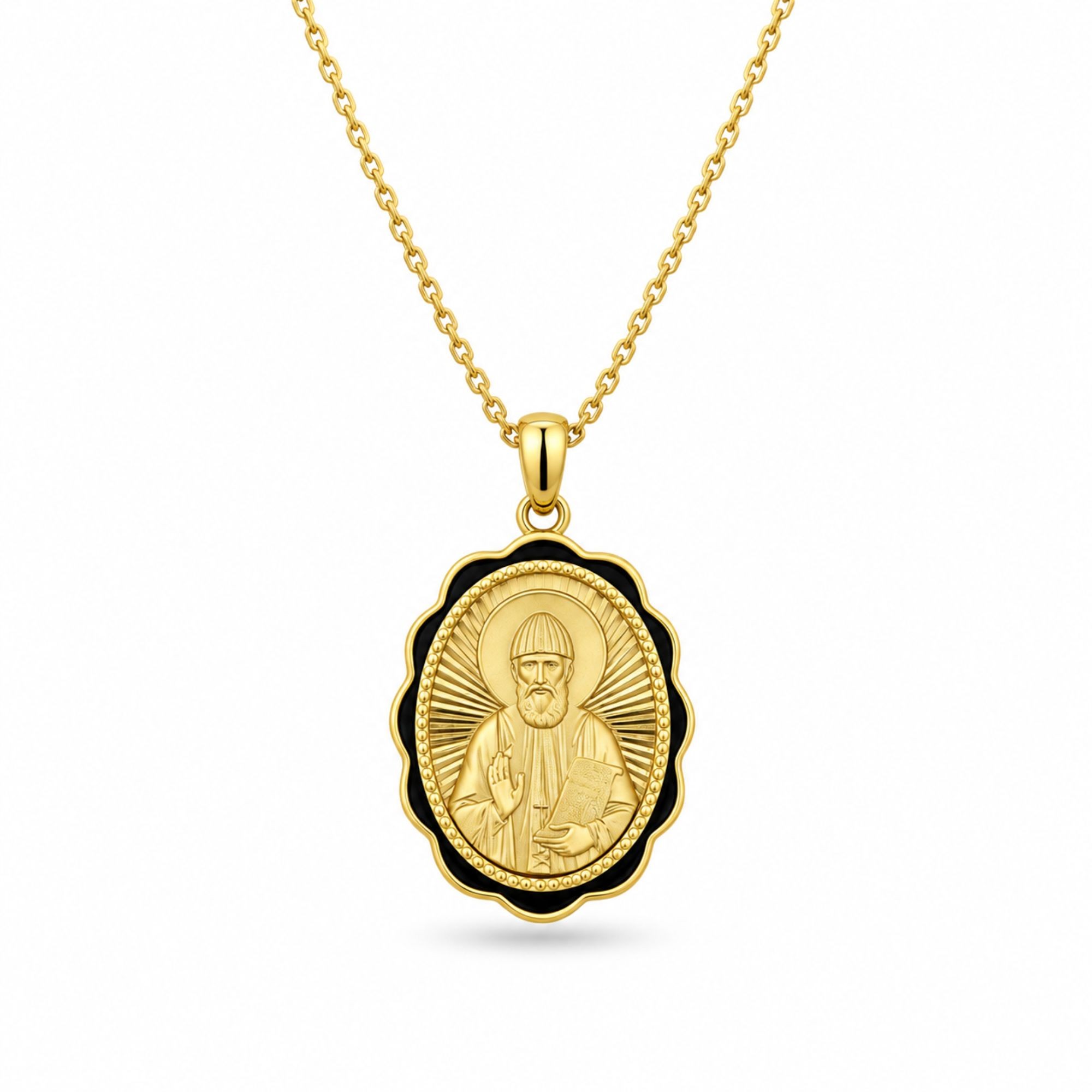 Medal Pendant "Saint Paisios" in Sterling Silver 925 with 14K Gold Plating, Enamel and Chain in Gold-Plated Sterling Silver 925