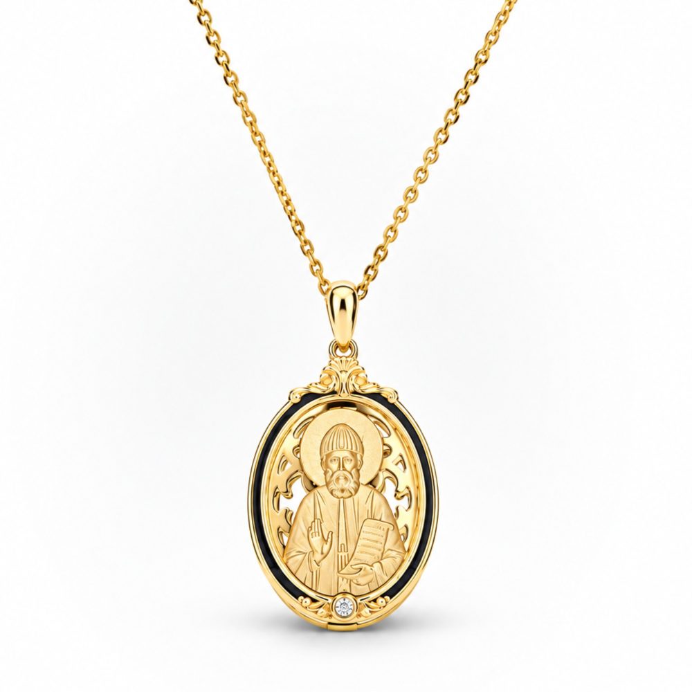 Medal Pendant "Saint Paisios" in Sterling Silver 925 with 14K Gold Plating, Black Enamel and Chain in Gold-Plated Sterling Silve
