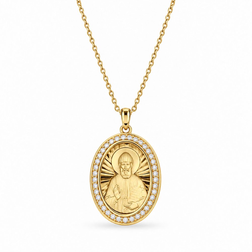 Medal Pendant "Saint Paisios" in Sterling Silver 925 with 14K Gold Plating, Zircons and Chain in Gold-Plated Sterling Silver 925