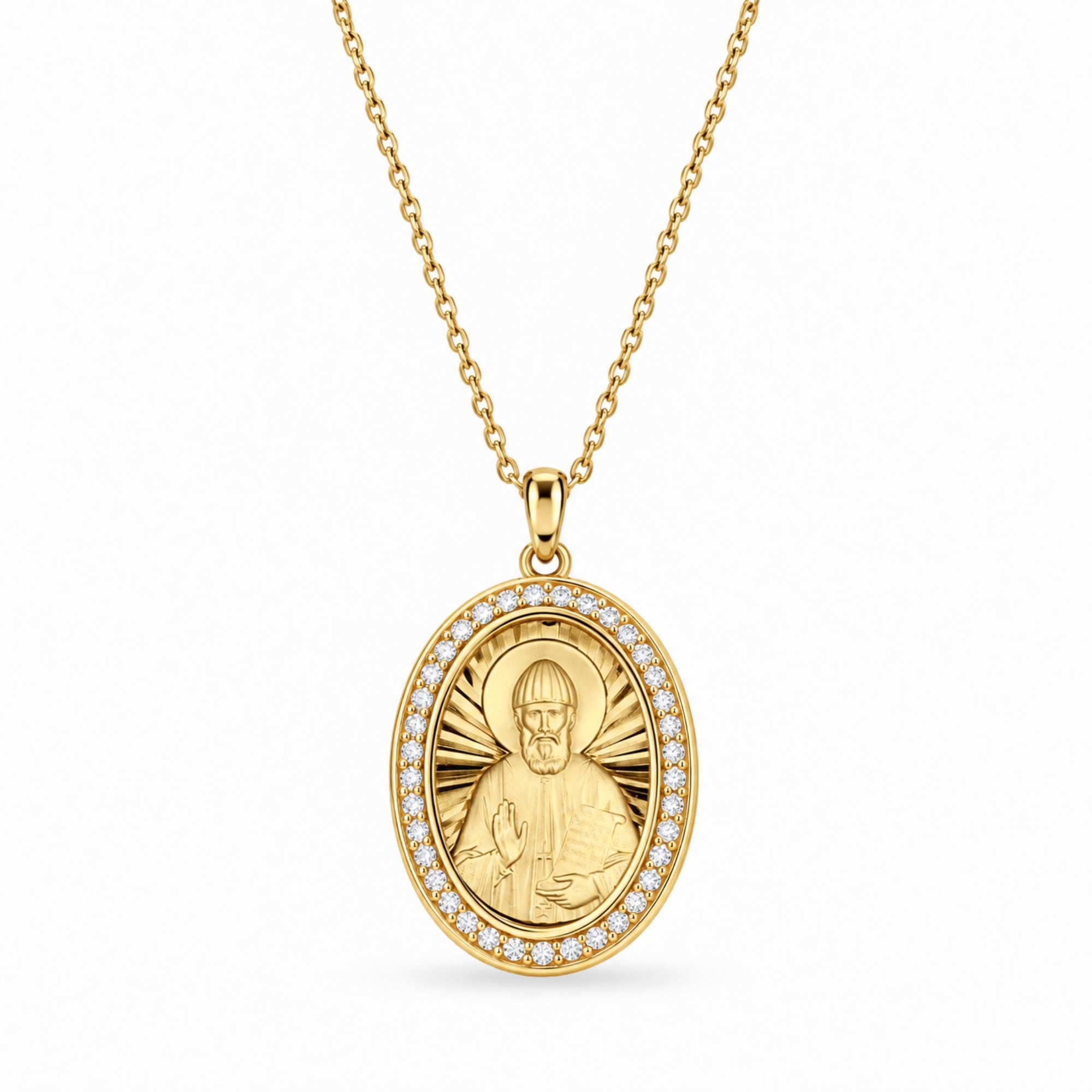 Medal Pendant "Saint Paisios" in Sterling Silver 925 with 14K Gold Plating, Zircons and Chain in Gold-Plated Sterling Silver 925