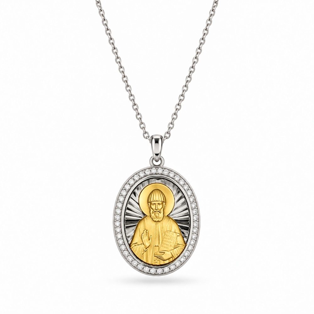 Medal Pendant "Saint Paisios" Two-Tone in Sterling Silver 925 with 14K Gold Plating and Chain in Rhodium-Plated Sterling Silver