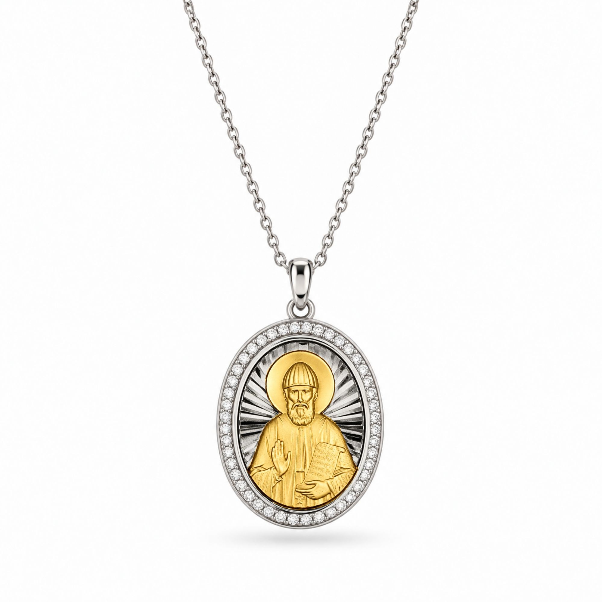 Medal Pendant "Saint Paisios" Two-Tone in Sterling Silver 925 with 14K Gold Plating and Chain in Rhodium-Plated Sterling Silver