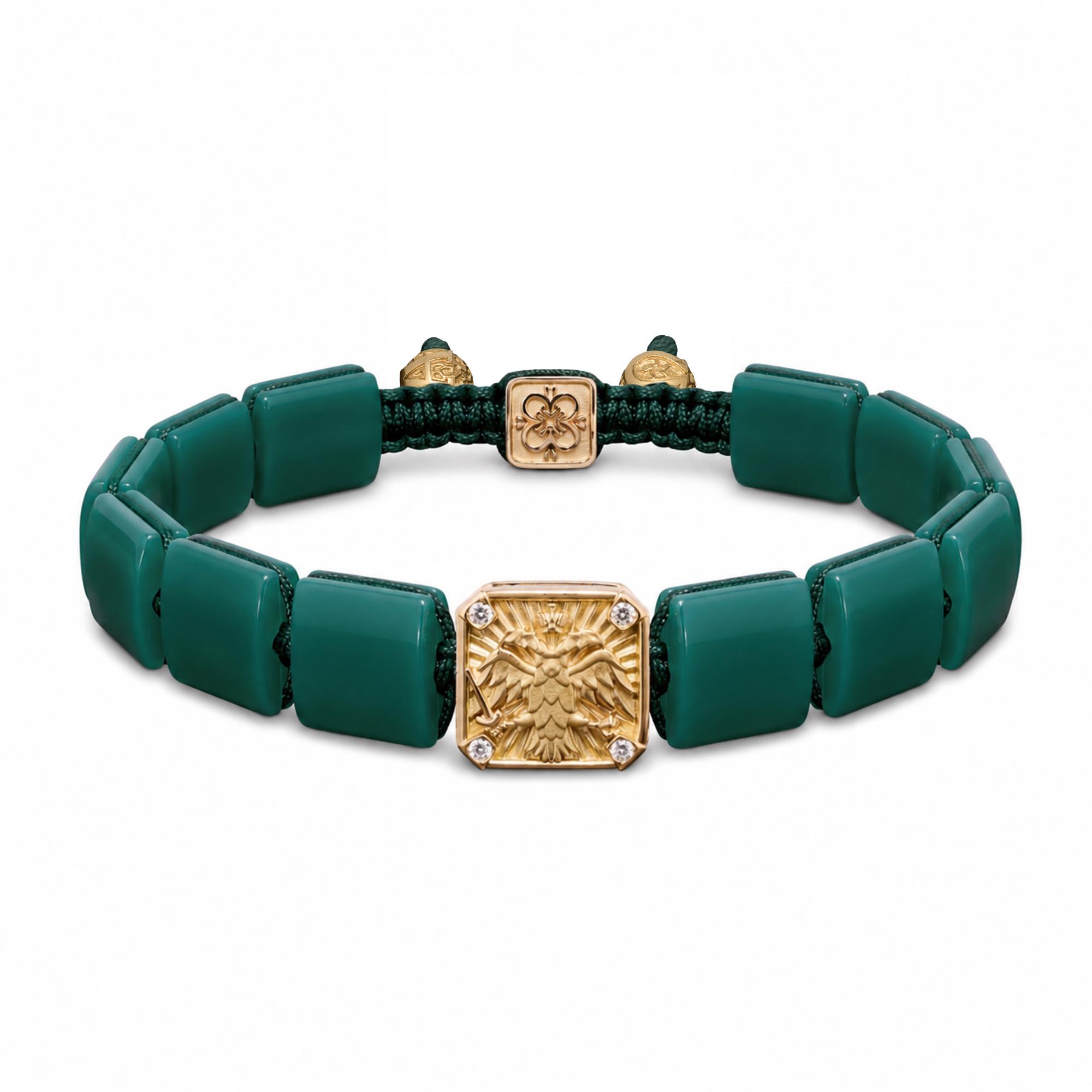 Byzantine Eagle Bracelet in 18K Yellow Gold, Diamonds And Green Jade